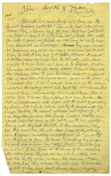 Moe Howard's Handwritten Manuscript Page When Writing His Autobiography -- Moe's Daughter Joan Is Born & The Three Stooges Move to LA to Film ''Soup to Nuts'' -- Two Pages on One 8'' x 12.5'' Sheet